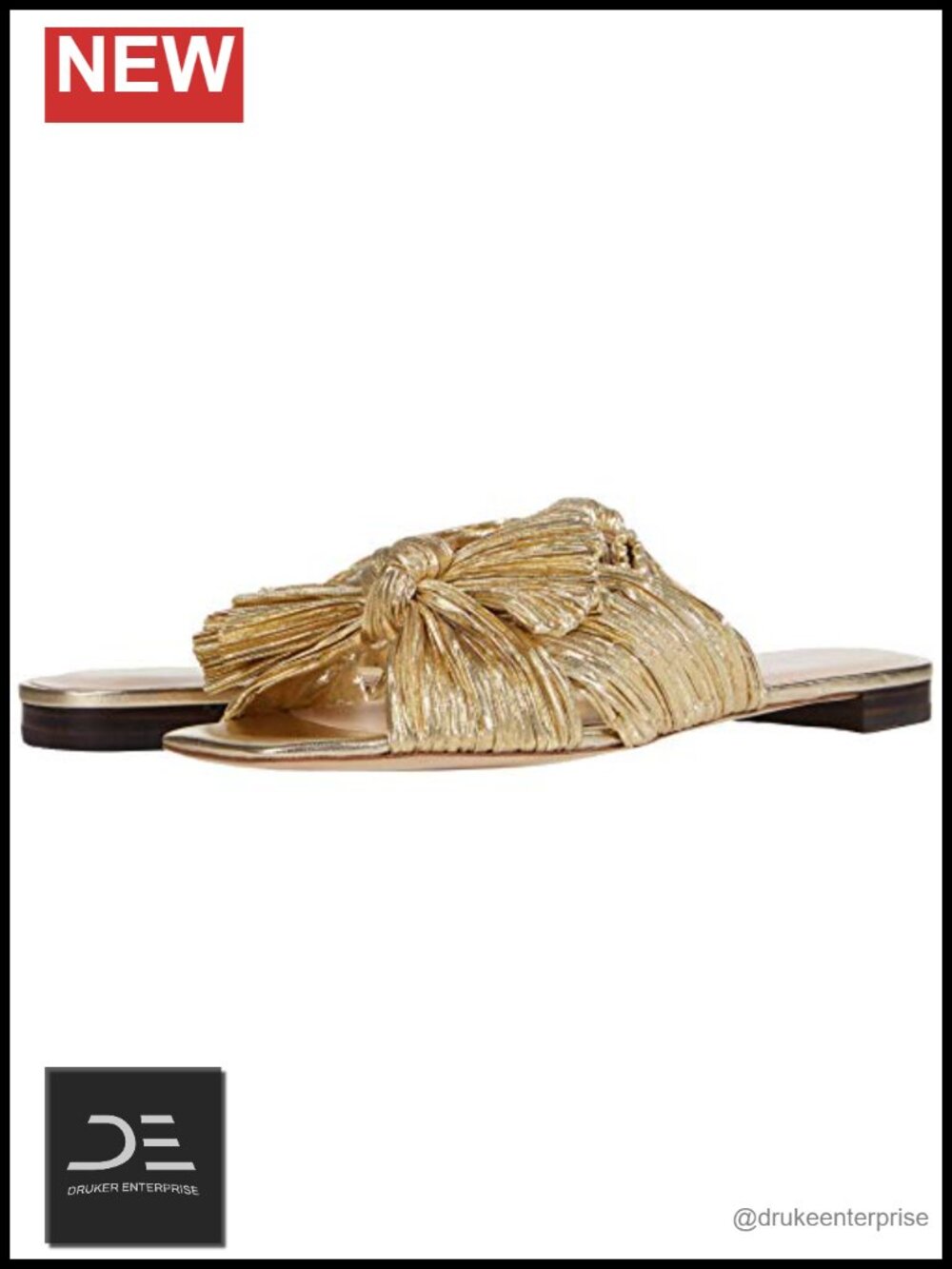 Women's Pleated Bow Slides Sandals Gold Open Toe Slip On
